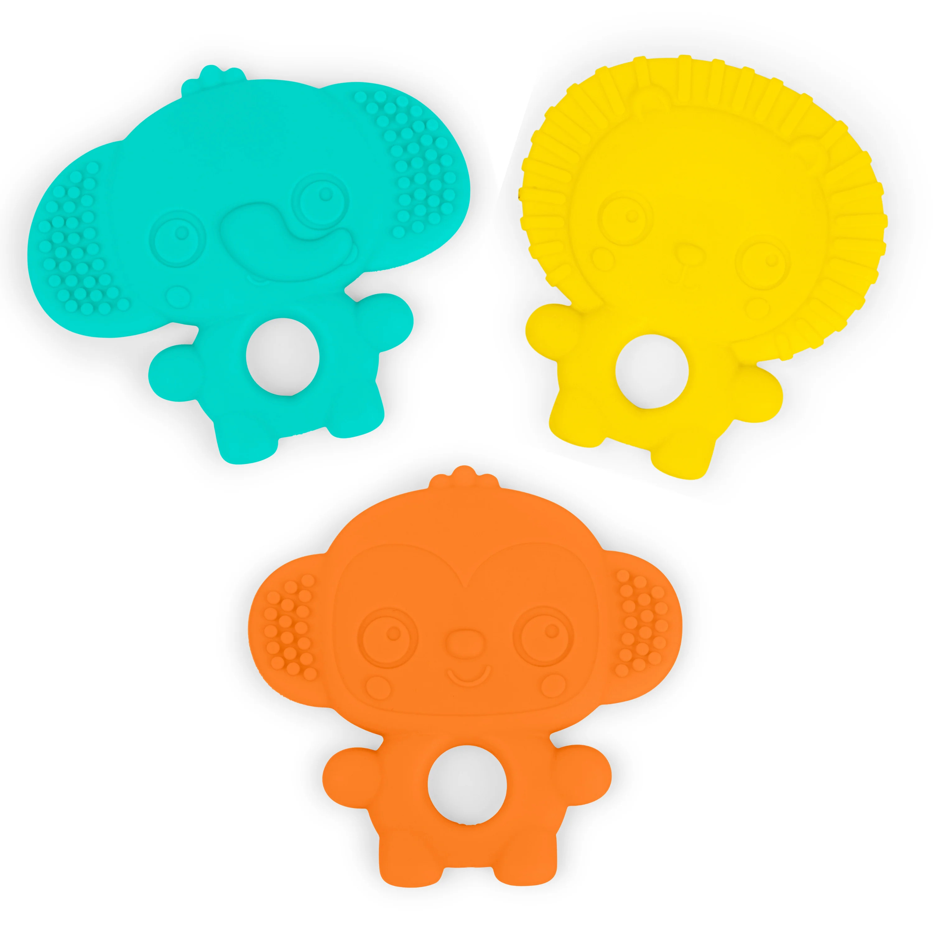 Set 3 jucarii de dentitie texturate Gummy Buddies Bright Starts Elefant, Leu, Maimuta