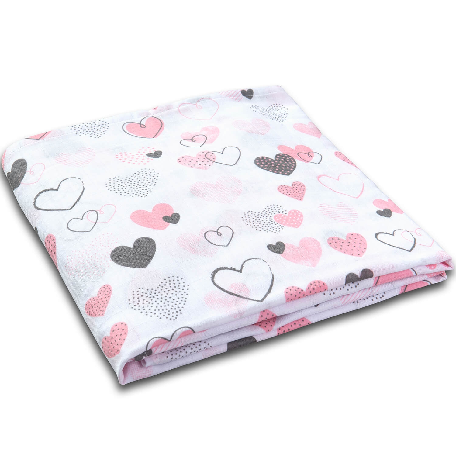 Muselina multifunctionala XXL 110 x 110 cm Kidizi Pink Hearts, 100% bumbac