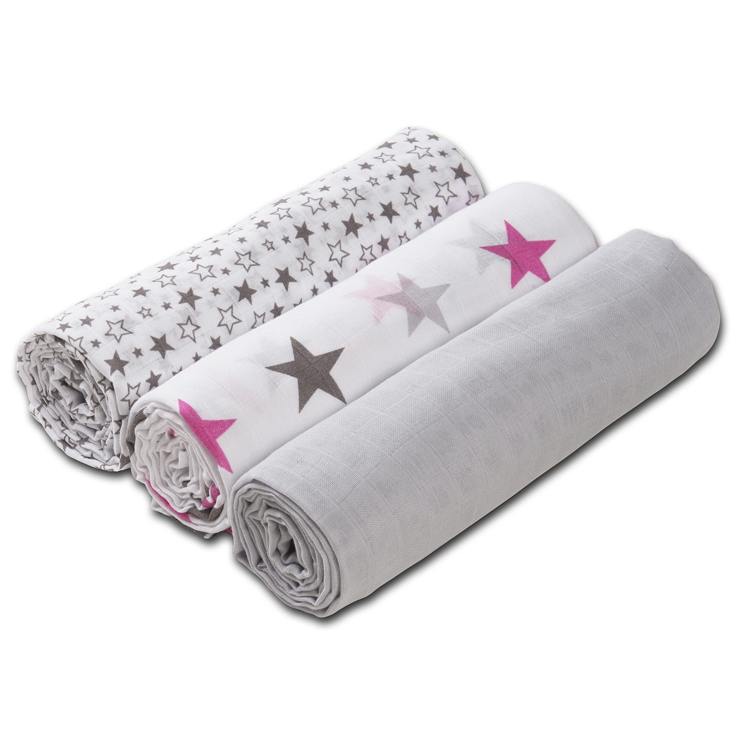 Set 3 paturici muselina soft 78x78 cm Kidizi Pink Stars, 100% bumbac