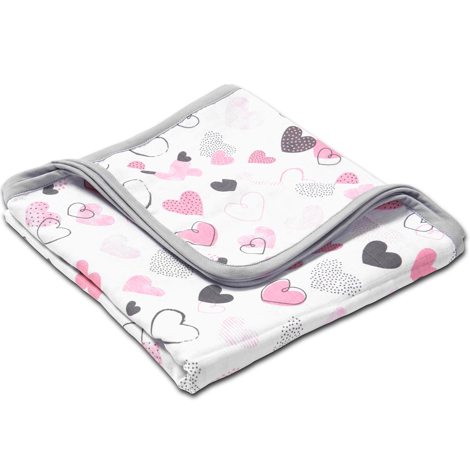 Paturica dubla de muselina XXL 110x110 cm Kidizi Pink Hearts, 100% bumbac