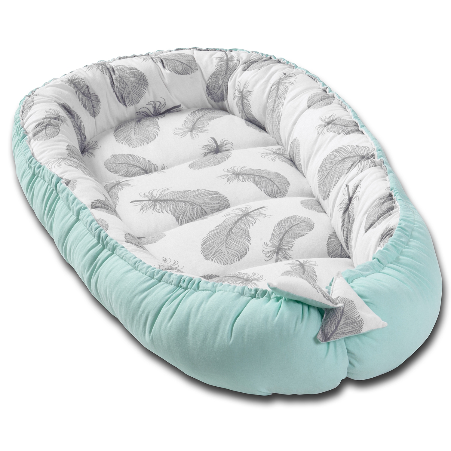 Cosulet bebelus pentru dormit Kidizi Baby Nest Cocoon 90x50 cm Mint Feathers