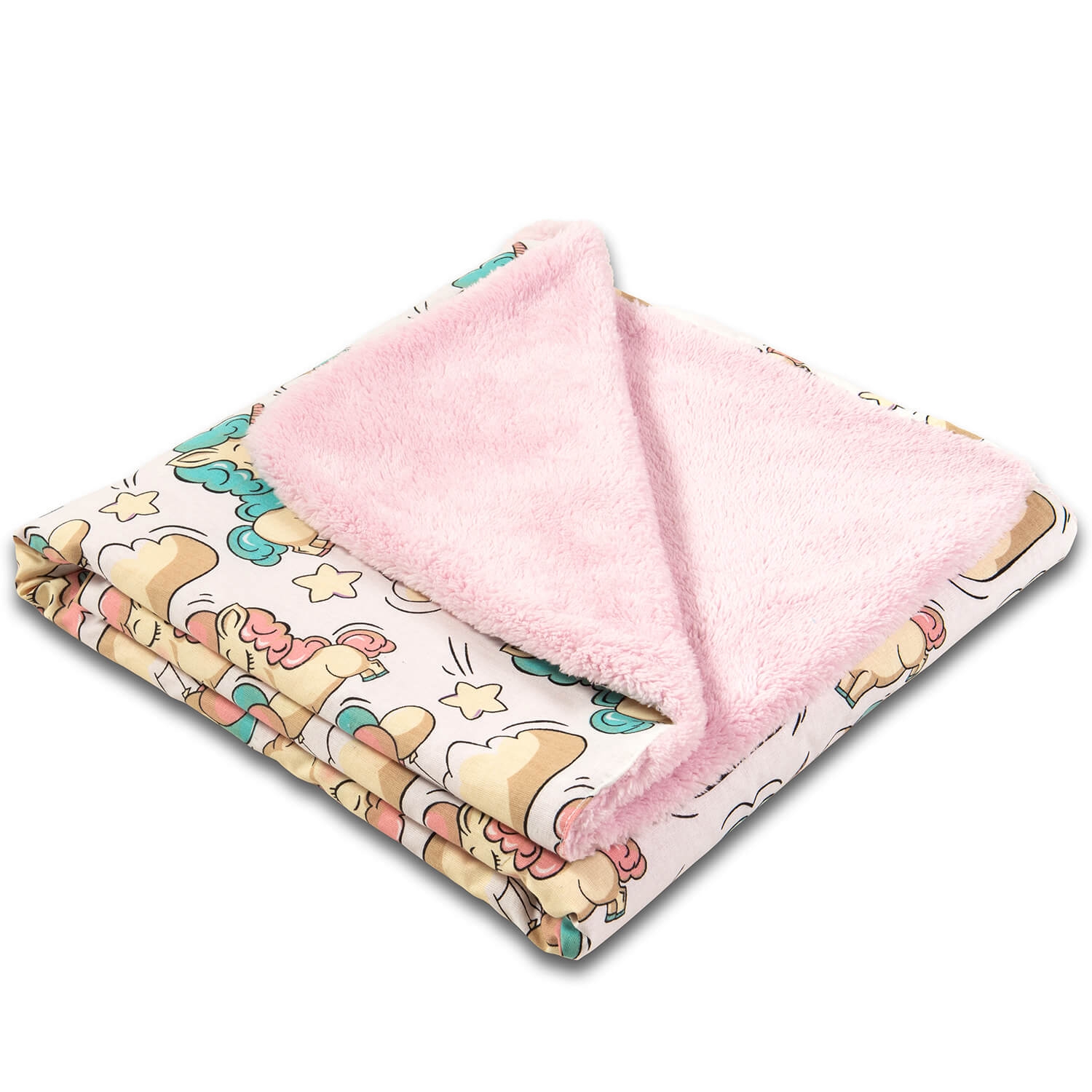 Paturica dubla pufoasa cu doua fete 100x78 cm Kidizi Fluffy Pink Beige Unicorn