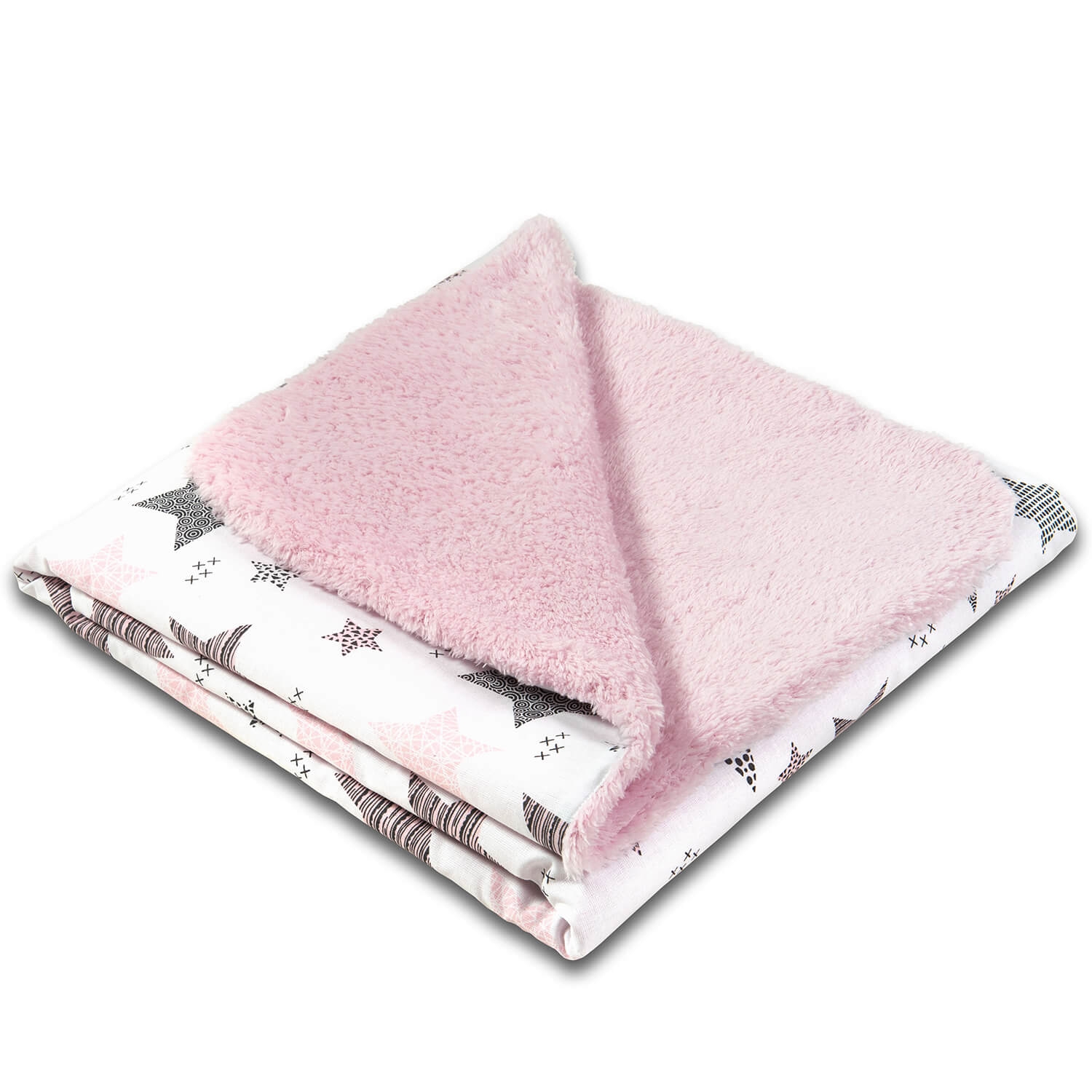 Paturica dubla pufoasa cu doua fete 100x78 cm Kidizi Fluffy All Pink Stars