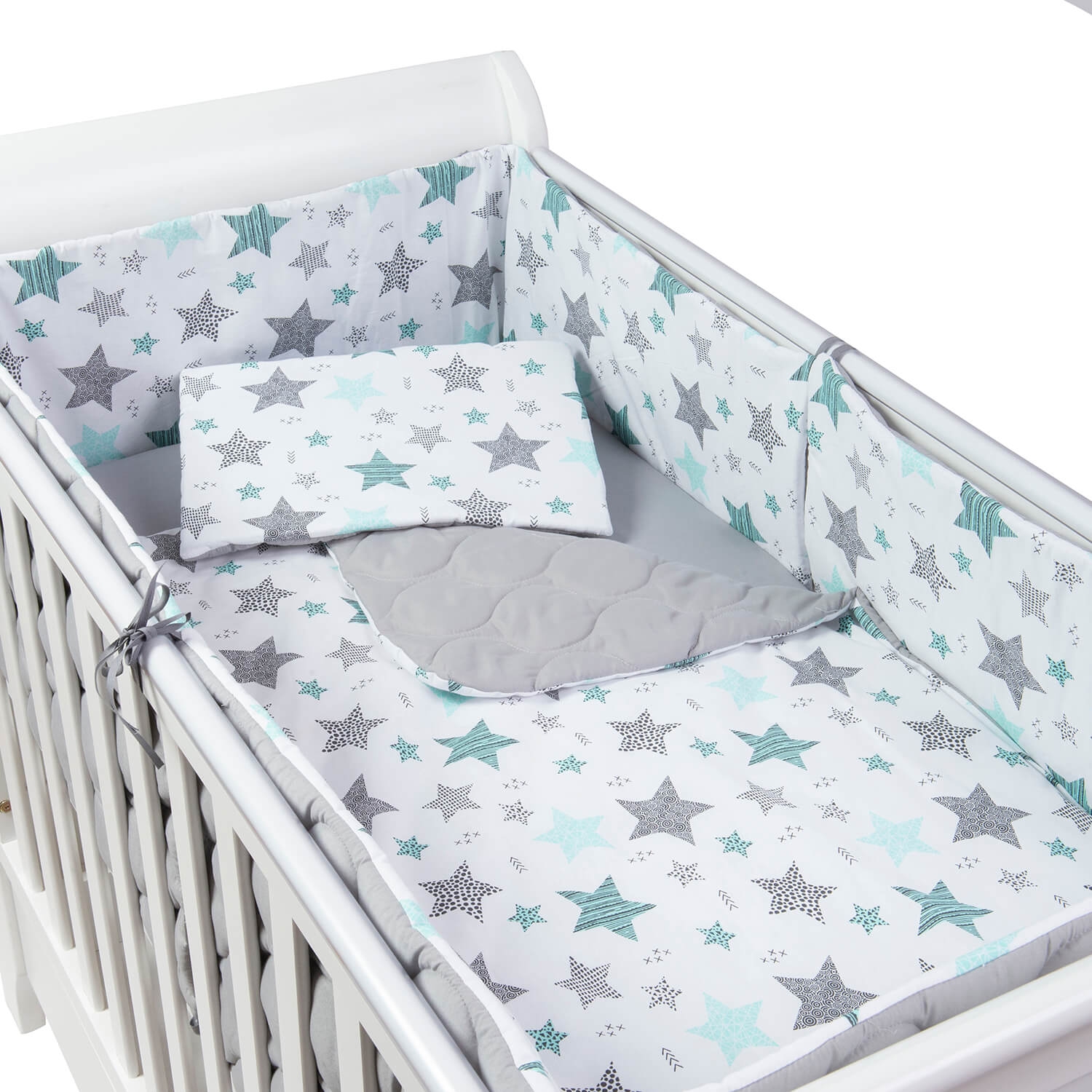 Set lenjerie matlasata 5 piese pentru patut 140x70 cm Kidizi All Mint Stars