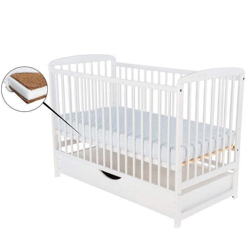 BabyNeeds - Patut din lemn cu sertar Ola 120x60 cm Alb + Saltea 12 cm