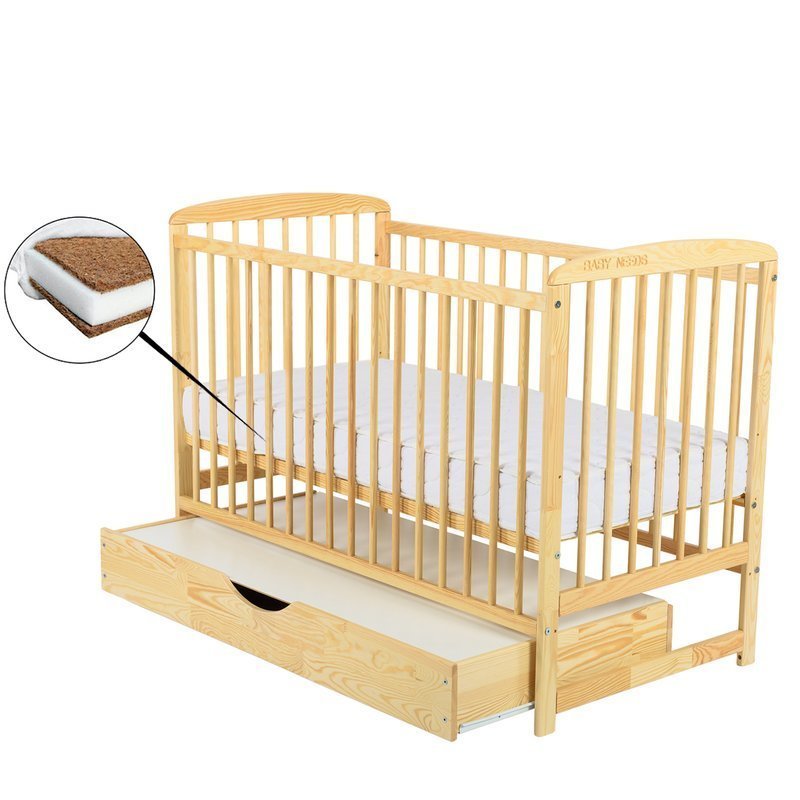 BabyNeeds - Patut din lemn Ola 120x60 cm cu sertar + Saltea 12 cm Natur