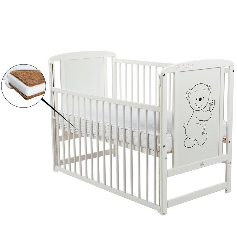 BabyNeeds - Patut din lemn Timmi 120x60 cm cu laterala culisanta, Alb + Saltea 12 cm