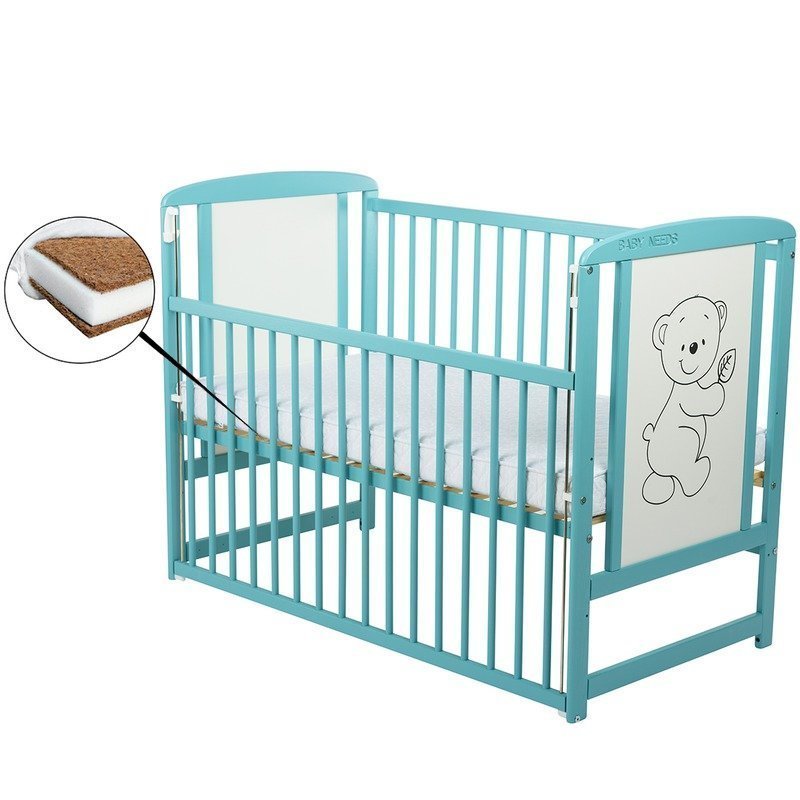 BabyNeeds - Patut din lemn Timmi 120x60 cm cu laterala culisanta Mint + saltea 12 cm