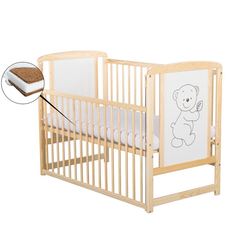 BabyNeeds - Patut din lemn Timmi 120x60 cm cu laterala culisanta Natur + saltea 10 cm