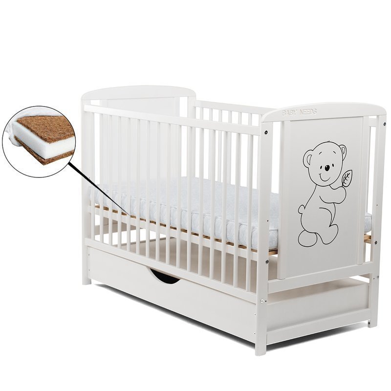 BabyNeeds Patut din lemn Timmi 120x60 cm cu sertar alb + Saltea 12 cm