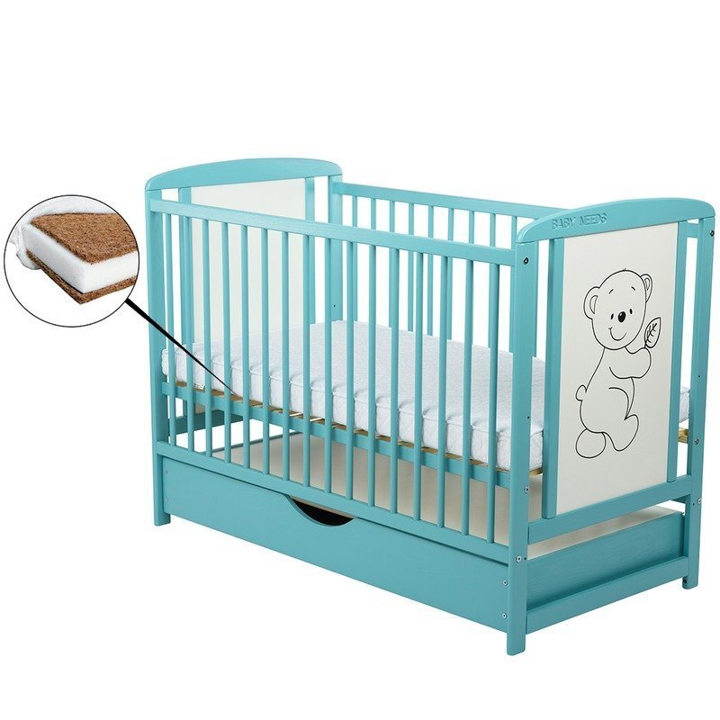 BabyNeeds - Patut din lemn Timmi 120x60 cm cu sertar Mint + saltea 12 cm