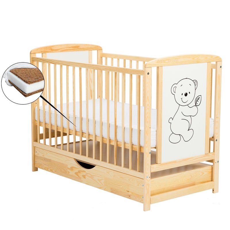 BabyNeeds - Patut din lemn Timmi 120x60 cm cu sertar Natur + saltea 10 cm