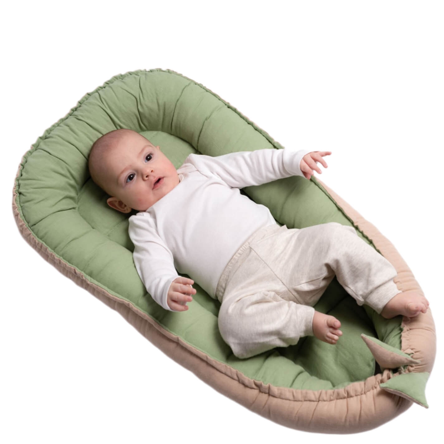 Cosulet bebelus pentru dormit din tesatura de in Kidizi Baby Nest Cocoon 90x50 cm Olive