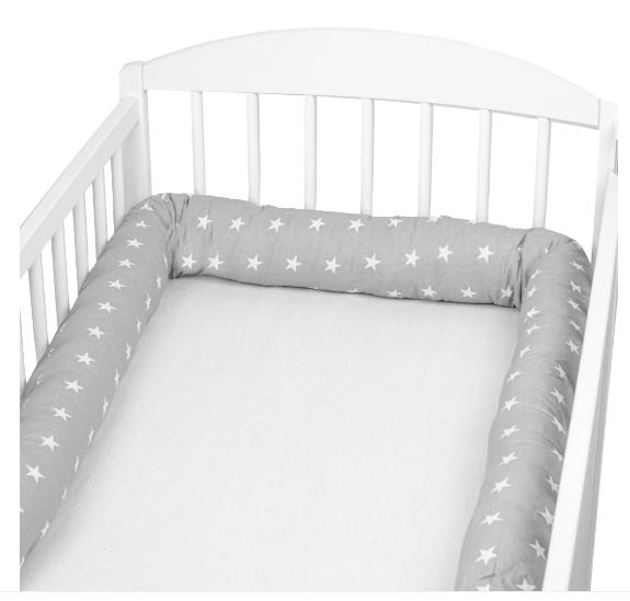 Set 2 aparatori laterale multifunctionale tip rulou pentru patut 120x60 cm Kidizi Grey Stars, husa detasabila, diametru 10 cm