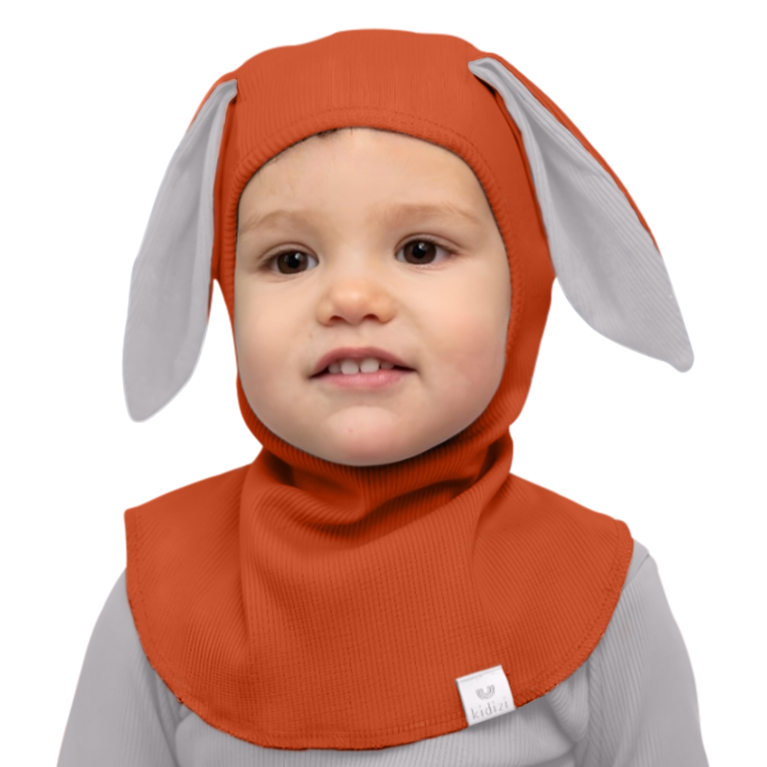 Cagula copii reglabila cu urechiuse din bumbac certificat, Kidizi Bunny Orange 6-18 luni