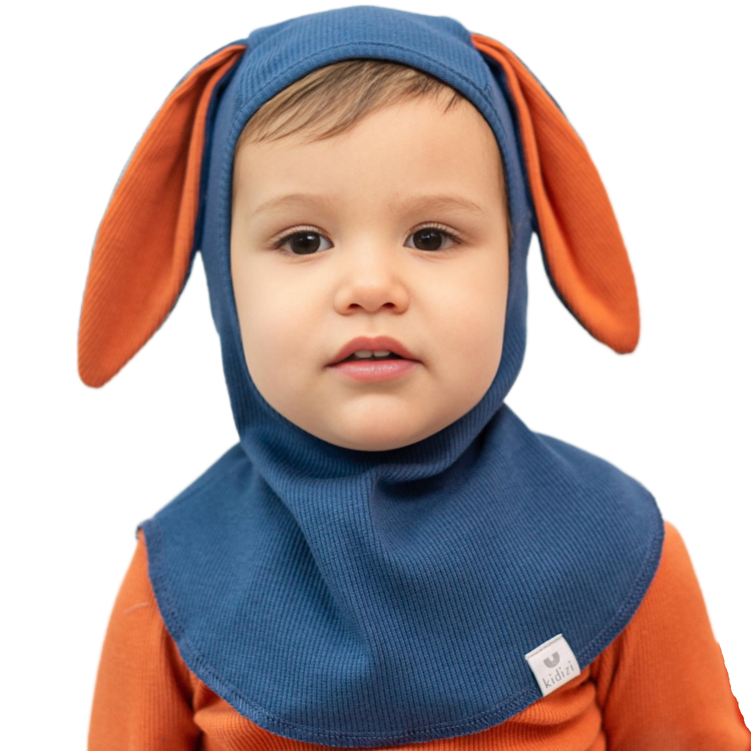Cagula copii reglabila cu urechiuse din bumbac certificat, Kidizi Bunny blue 6-18 luni