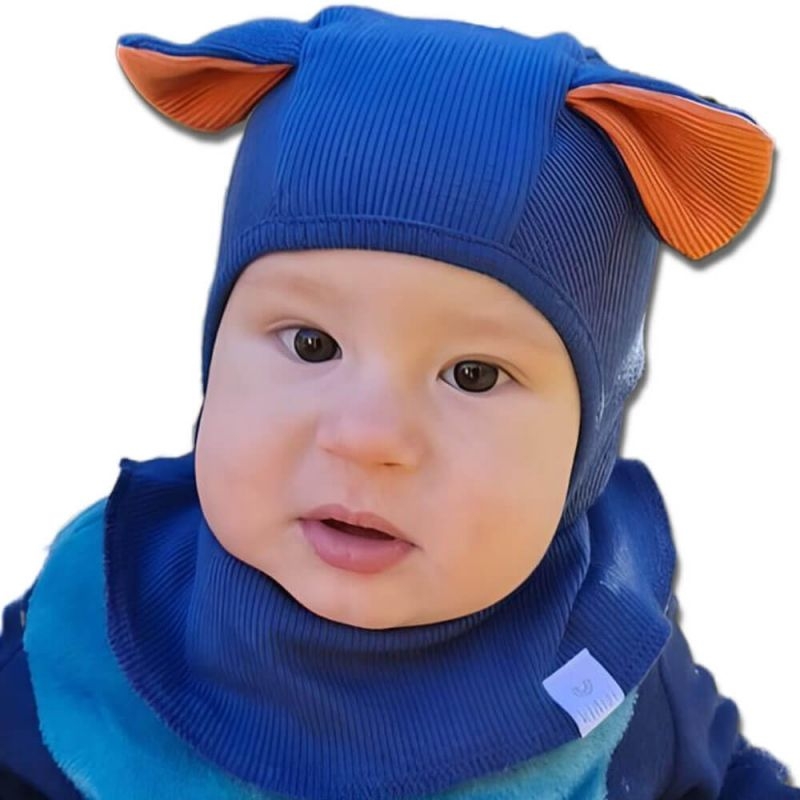 Cagula bebelusi reglabila cu urechiuse din bumbac certificat, Kidizi Puppy blue 0-6 luni
