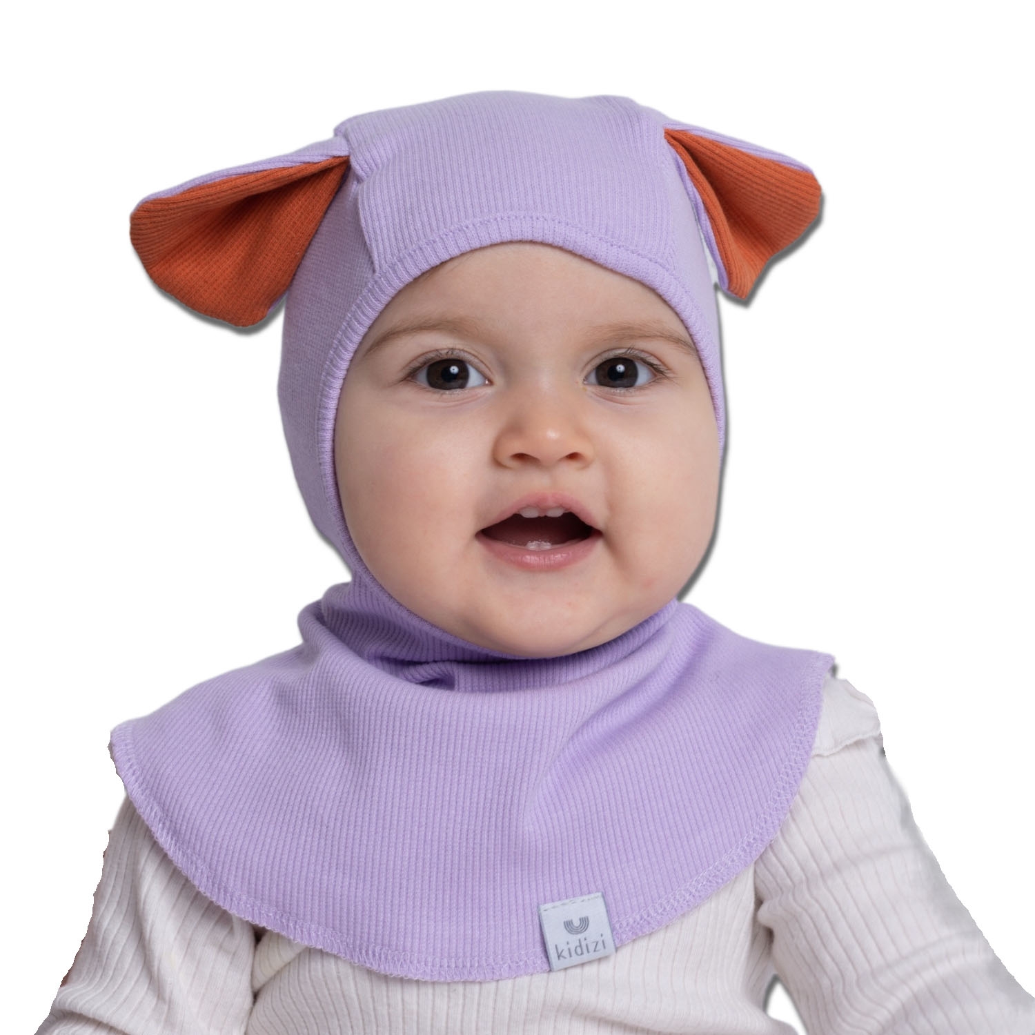 Cagula bebelusi reglabila cu urechiuse din bumbac certificat, Kidizi Puppy light purple 0-6 luni