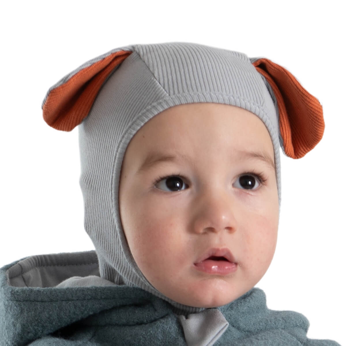 Cagula copii reglabila cu urechiuse din bumbac certificat, Kidizi Puppy grey 6-18 luni