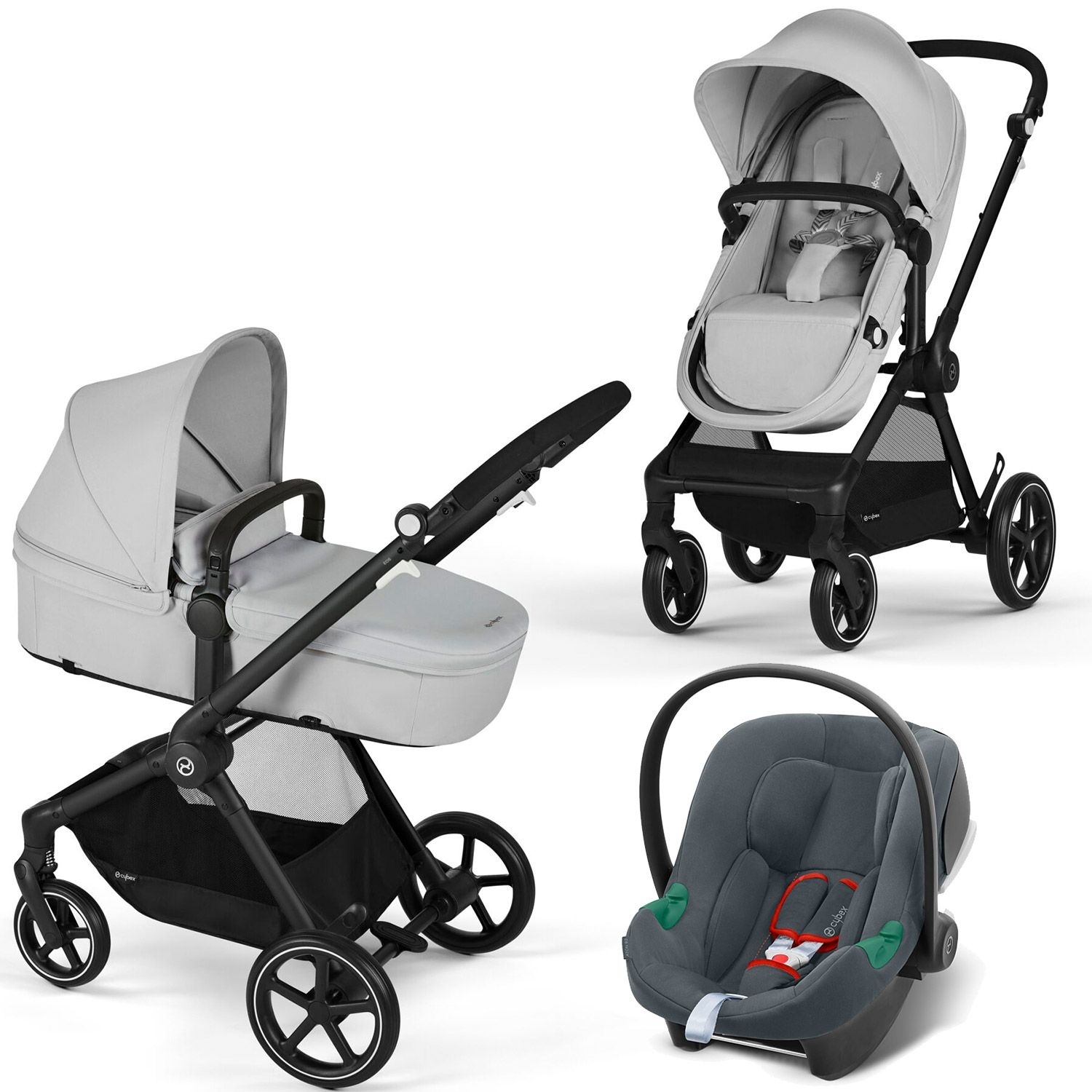 Carucior 3 in 1 Cybex Eos Lux Lava Grey cadru negru, transformabil in landou include scoica Aton B2 i-Size