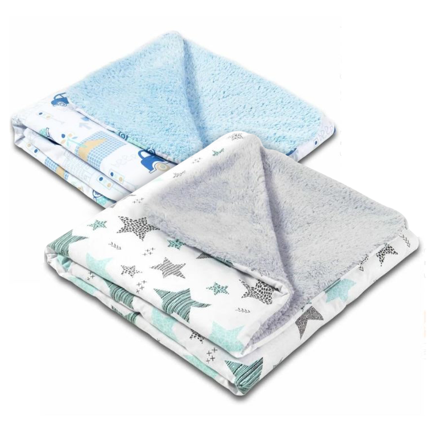 Set 2 paturici duble pufoase cu doua fete 100x78 cm Kidizi Fluffy Busy City Stars