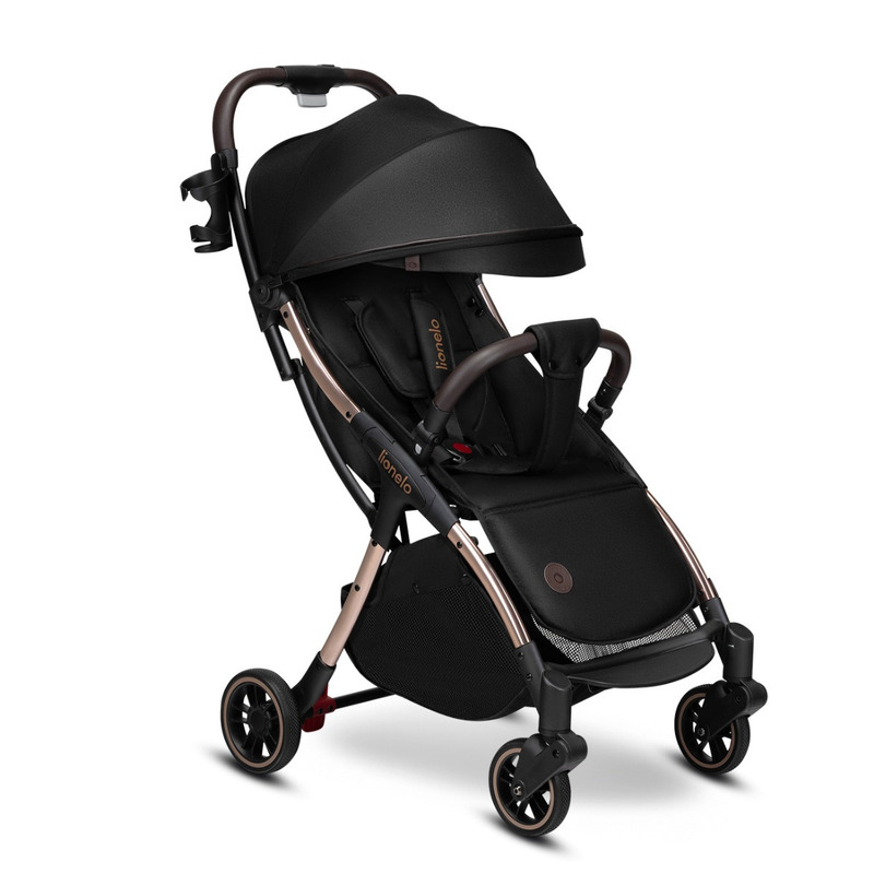 Carucior sport Lionelo Julie One, de la nastere, Greutate redusa, Cu accesorii, Cadru din aluminiu, 0-22 kg, Conform cu standardele europene de securitate EN1888-1 si EN1888-2, Negru/Auriu