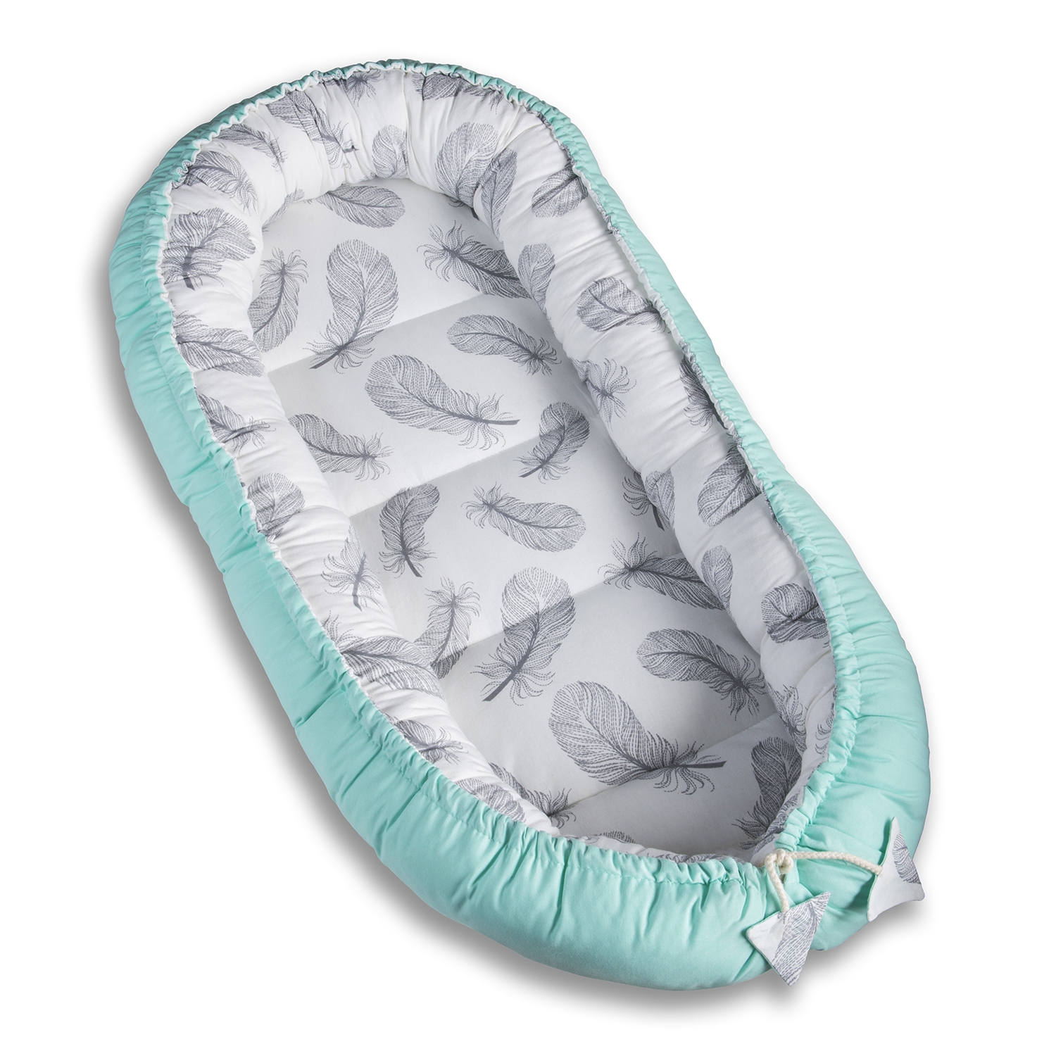 Cosulet bebelus pentru dormit Baby Nest Cocoon Kidizi Mint Grey Feathers 90x50 cm