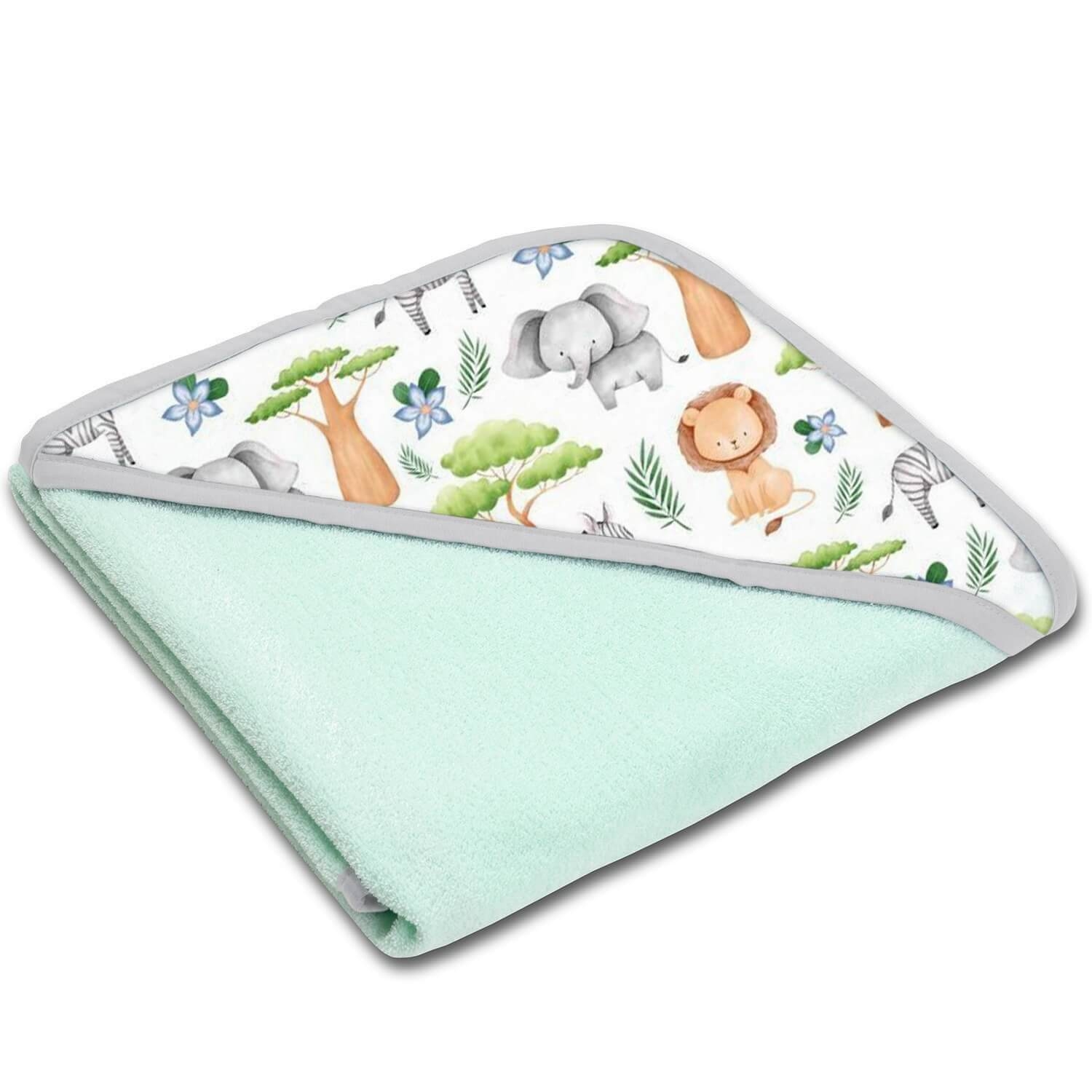 Prosop bebe din bumbac cu gluga 90x90 cm Kidizi Safari mint, potrivit de la nastere pana la 2 ani