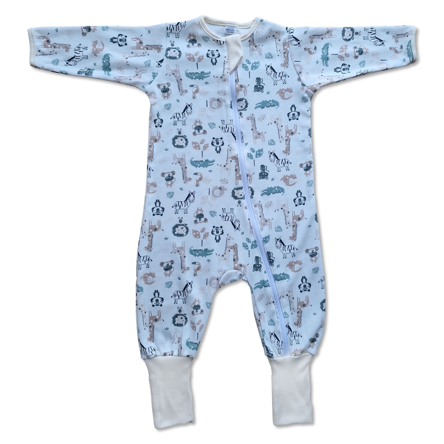 Salopeta pijama bebe cu fermoar si botosei manseta Kidizi Safari marime 0-3 luni, 62 cm