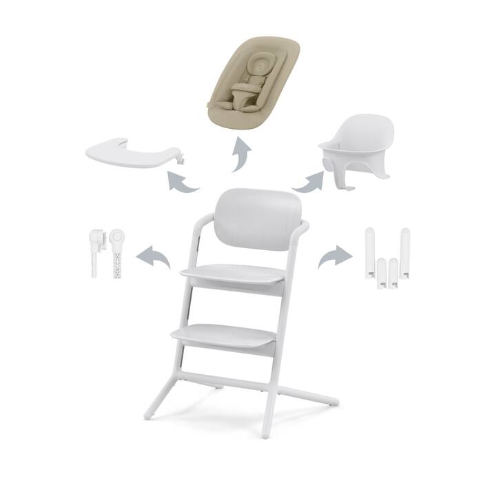 Scaun de masa pentru copii Cybex Gold Lemo 4 in 1 All White, include scaun inalt, hamac bouncer, tavita si sezut cu opritor