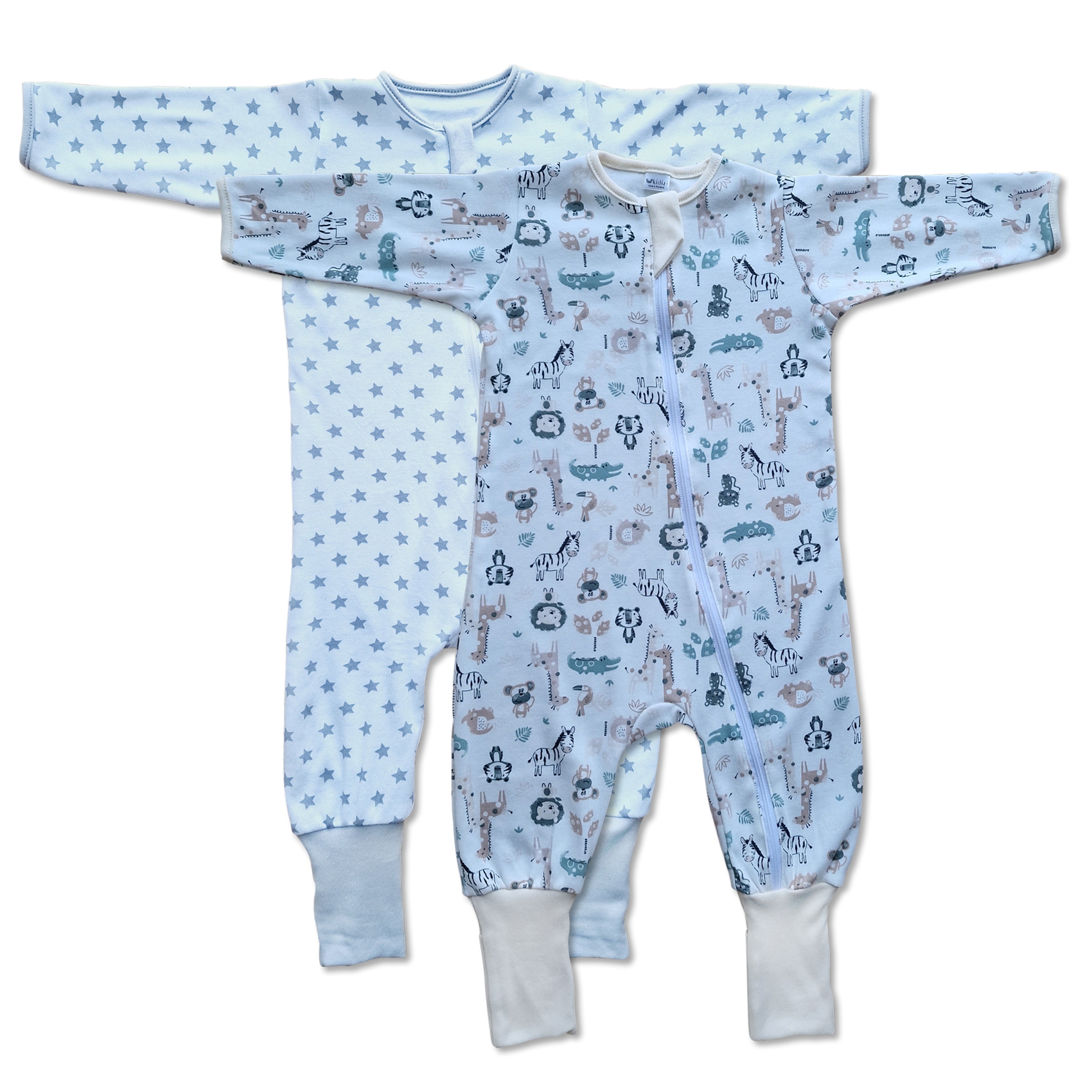 Set 2 salopete pijama bebe cu fermoar si botosei manseta Kidizi Safari Stars marime 0-3 luni, 62 cm