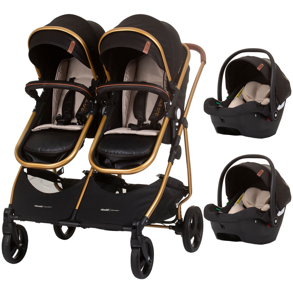 Carucior gemeni 3 in 1 Chipolino Duo Smart obsidian gold, cu sezuturi transformabile in landou