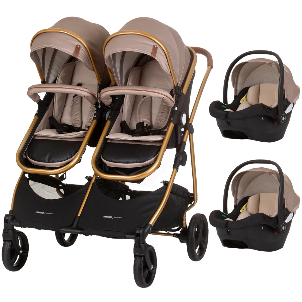 Carucior gemeni 3 in 1 Chipolino Duo Smart golden beige, cu sezuturi transformabile in landou